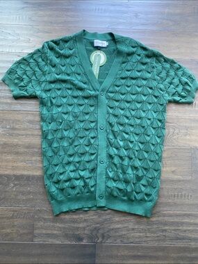 Oxknit Textured Short Sleeve Green Cardigan Sweater Mens Sz XL Button Down